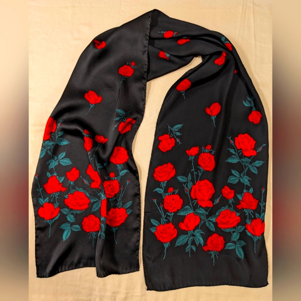 Dramatic Red Rose Themed Silk Scarf - size 12" x 58"